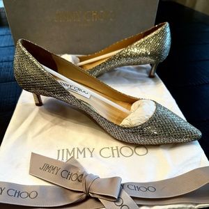 Jimmy Choo Romy 40mm Glitter Fabric in Champagne size 39.5